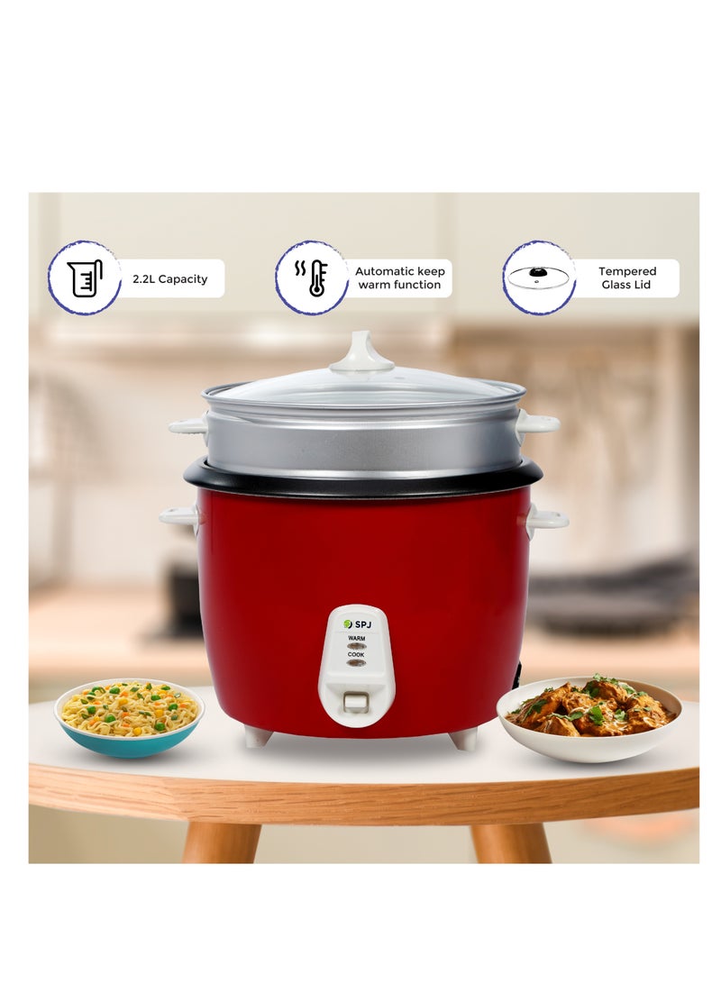 SPJ 2.2 Liter Rice Cooker, Electric Rice Cooker, 1071 W Power Rice Cooker With Steamer, Tempered Glass Lid, Non-Stick Coating & Automatic Shut Off Function, RED, RCU05-RD2203