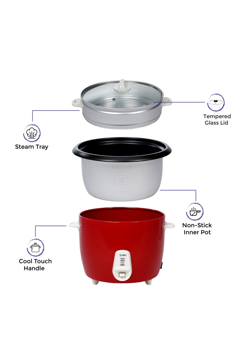 SPJ 2.2 Liter Rice Cooker, Electric Rice Cooker, 1071 W Power Rice Cooker With Steamer, Tempered Glass Lid, Non-Stick Coating & Automatic Shut Off Function, RED, RCU05-RD2203