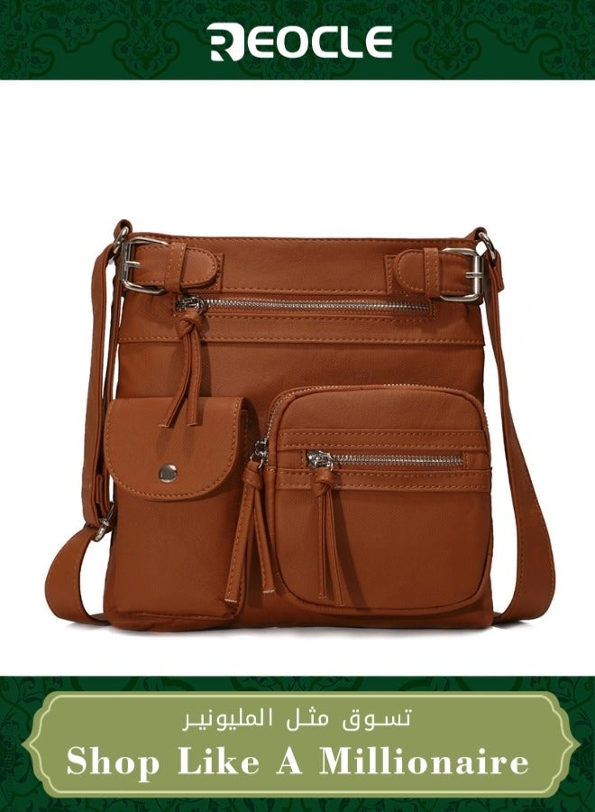 Women's Vintage Crossbody Bag Multifunctional Messenger Bag for Ladies Waterproof PU Leather Shoulder Bag for Commute Shopping Travel Office