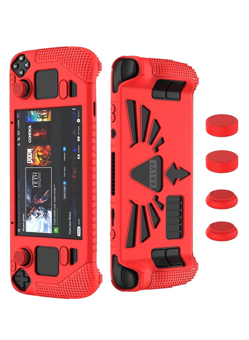 Steam Deck Standing Protective Case, Thickening Silicone Accessories Protector, Soft Cover Skin Shell with 2 Pairs Thumb Grips, Full Protection Kit to Anti-Slip for Valve Stream Deck (Red)