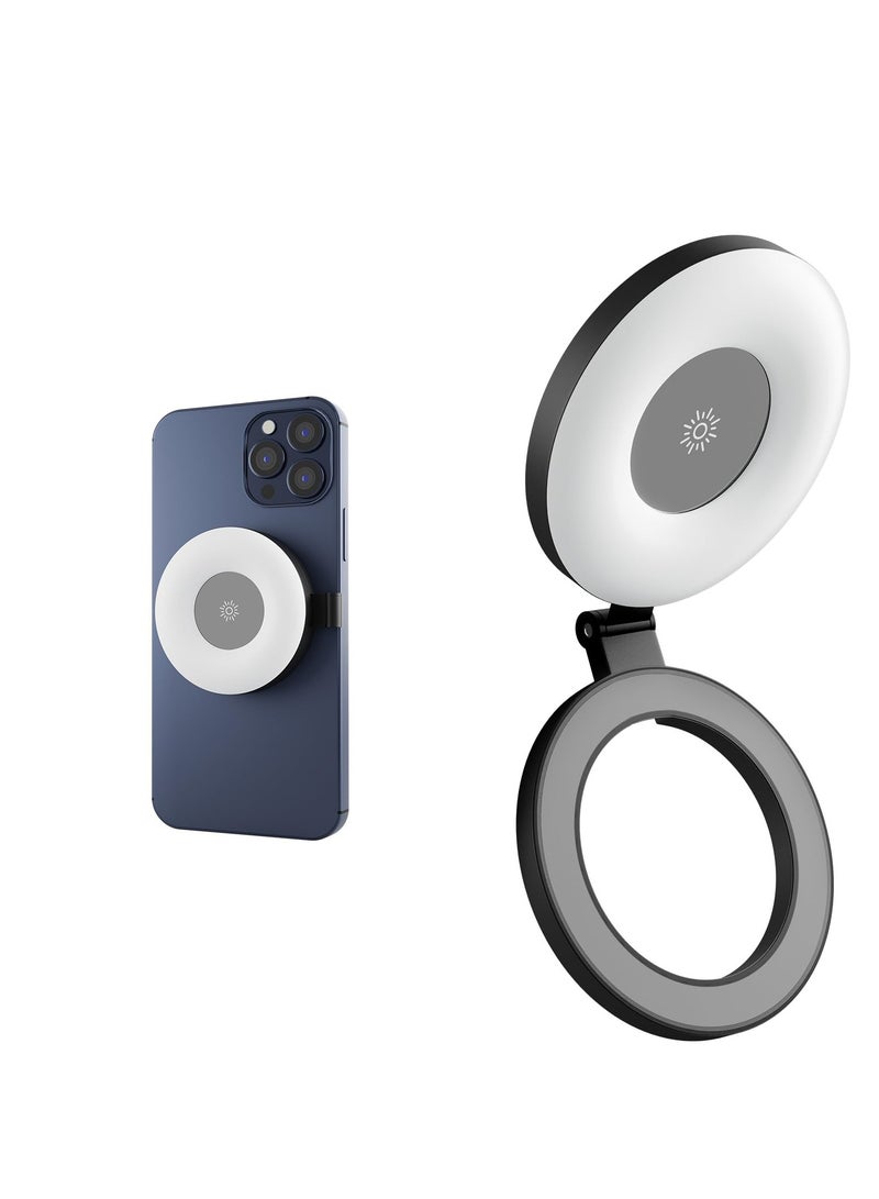 Selfie Ring Light, LED Mini Charging Foldable Magnetic Suction Makeup Light , 3-Modes Magnetic Fill Light for Magsafe, Rechargeable 180° Flip Lighting Phone Ring Light for Video Recording, Black