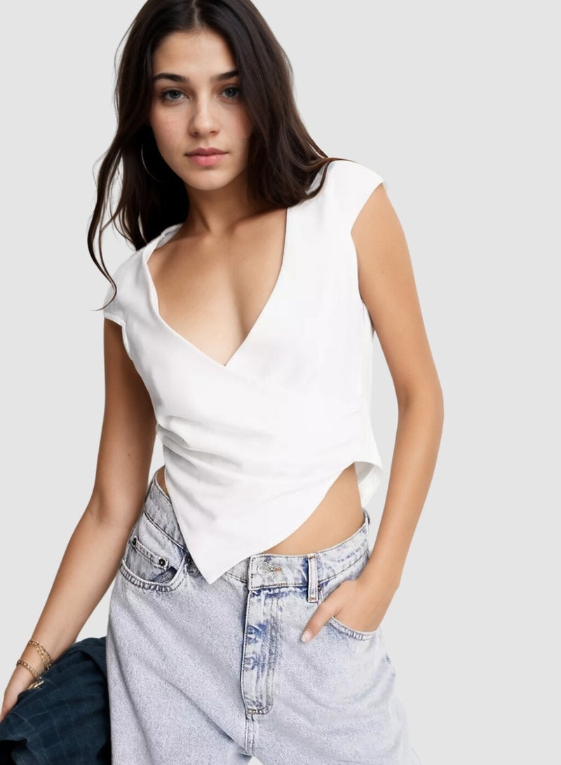 Asymmetric Cap Sleeve Top With Button Detail In White