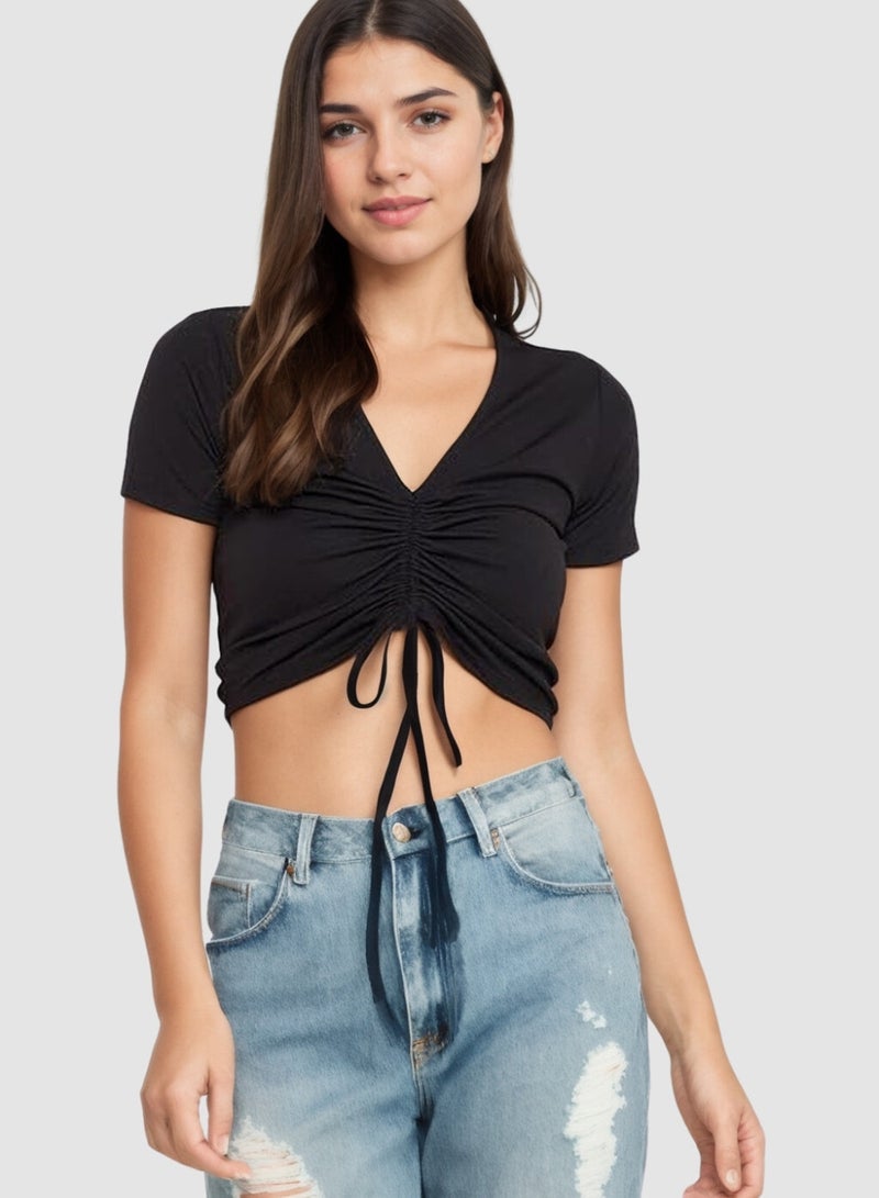 Ruched Tie Up Black Top