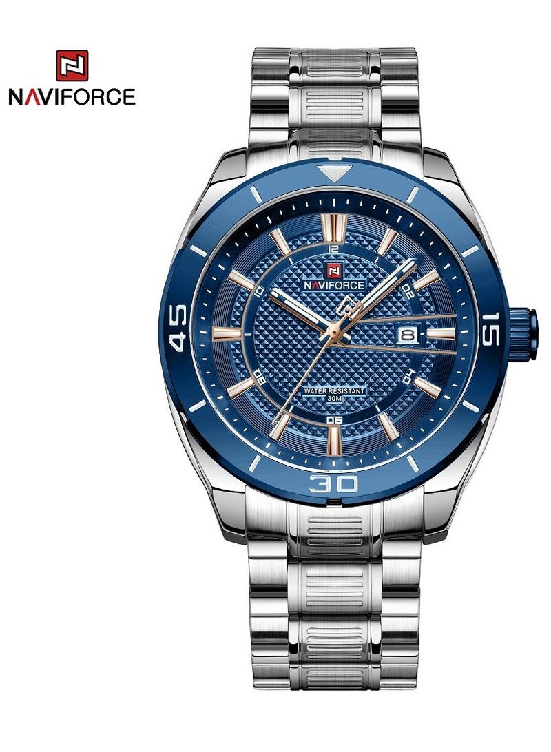 NAVIFORCE NF9210 Men Watch Waterproof Steel Strap Wristwatch (Sliver/Blue)