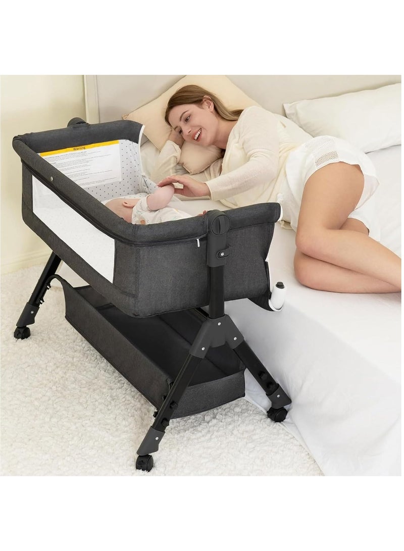 Gonice Folding Baby Bassinet,Easy to Fold Portable Crib Side Bassinet, Baby Cradle with Storage Basket Adjustable Bedside Bassinet for Baby