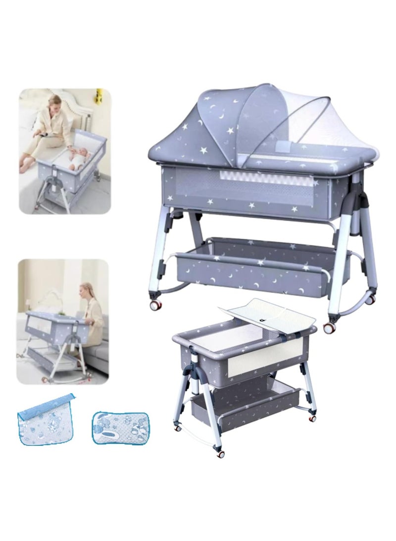 Gonice Folding 4-in-1 Baby Crib Baby Bassinet, Baby Bed, Bedside Sleeper, Adjustable Height & Angle, Mosquito Net, Diaper Changing Table, Mattress & Storage Basket Included