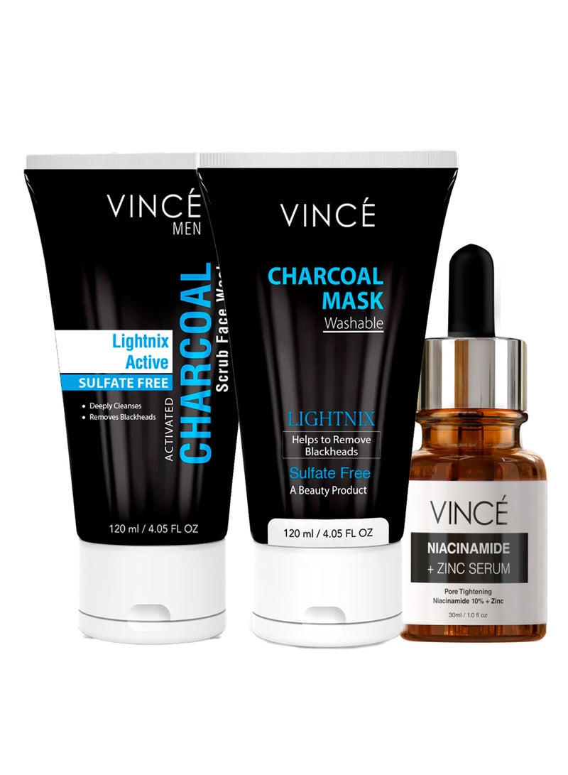 Men Oil Control Kit - Charcoal Scrub Face Wash 120ml + Charcoal Mask Washable 120ml + Niacinamide + Zinc Serum 30ml