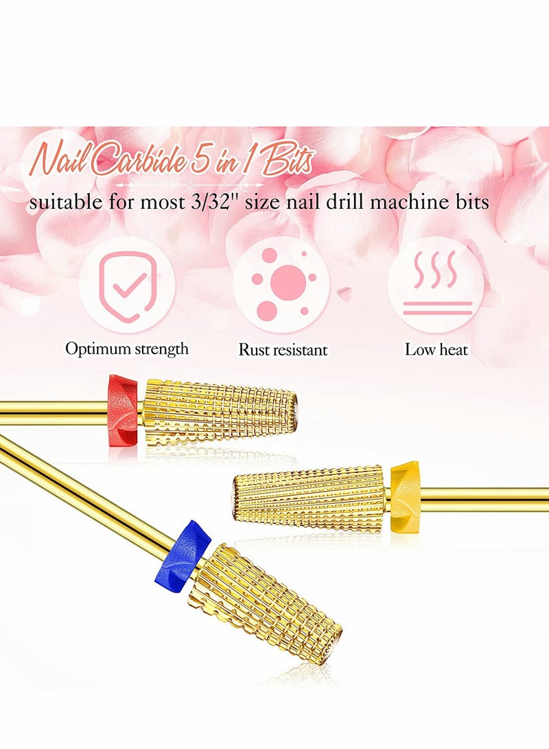 Carbide Nail Drill Bit Use for both Left to Right Handed, 3/32 Inch Nail Bit for Fast Remove Acrylic Gel Nail 3 Pieces Nail Carbide 5 in 1 Bit Multi-function Tapered Shaping Nail Drill
