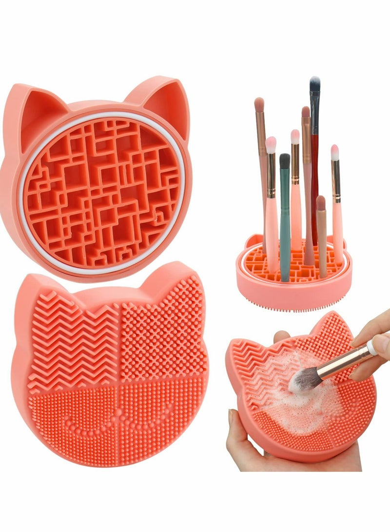Makeup Brush Cleaning Mat with Drying Holder for Sink- Silicone Washing Cosmetic Brush Cleaner Pad, Orange