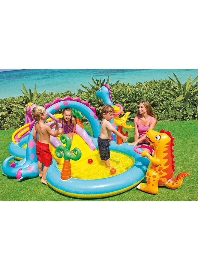 Intex 11ft x 7.5ft x 44in Backyard Play Center Kiddie Inflatable Swimming Pool with Slide, Dino Arch Water Sprayer and Games for Ages 2 and Up