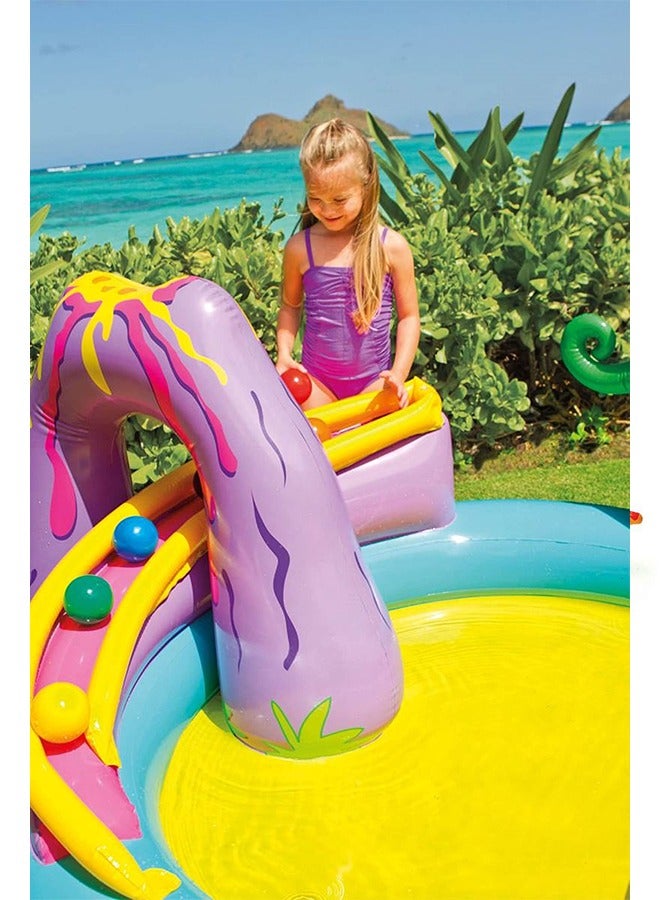 Intex 11ft x 7.5ft x 44in Backyard Play Center Kiddie Inflatable Swimming Pool with Slide, Dino Arch Water Sprayer and Games for Ages 2 and Up