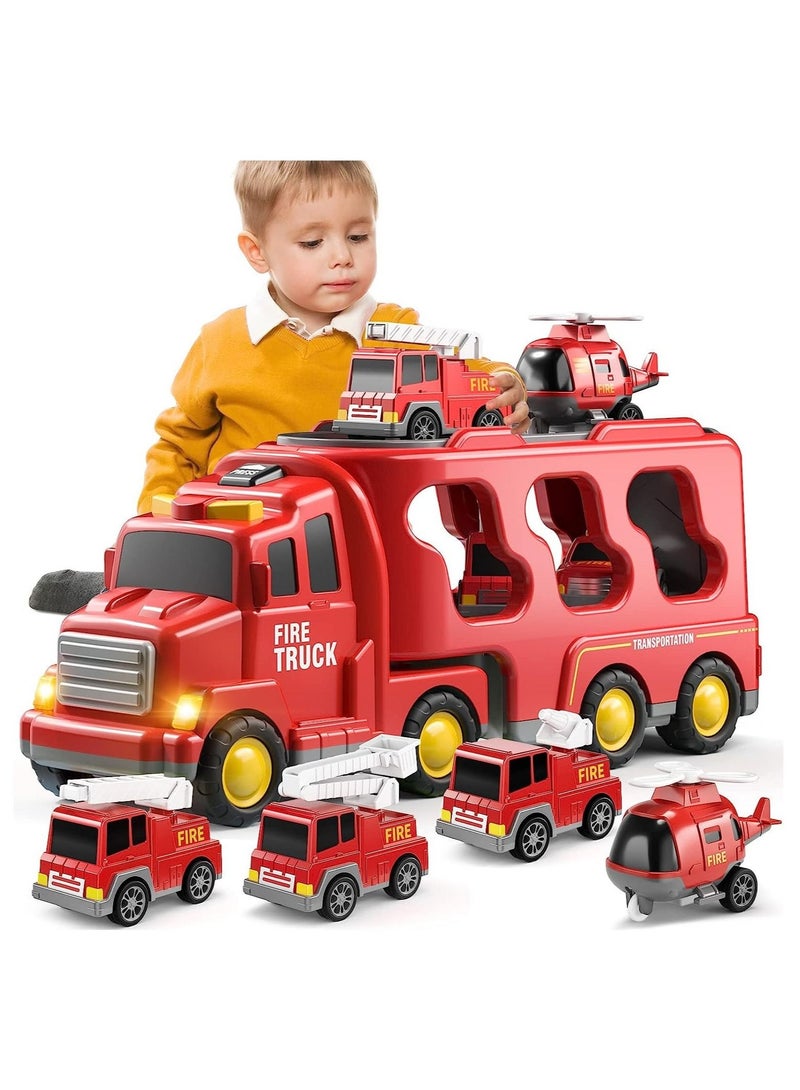 Fire Car Truck Toys for Kids, 5 in 1 Carrier Truck Transport Cars for Toddlers 1-9, Friction Power Vehicles, For Small Fireman Enthusiasts