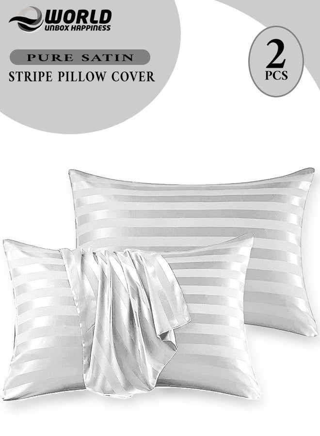 Set of 2 White Satin Stripe Pillow Covers Featuring 300 Thread Count, 1cm Satin Stripe, Envelope Closure, Cool, Breathable & Premium Quality