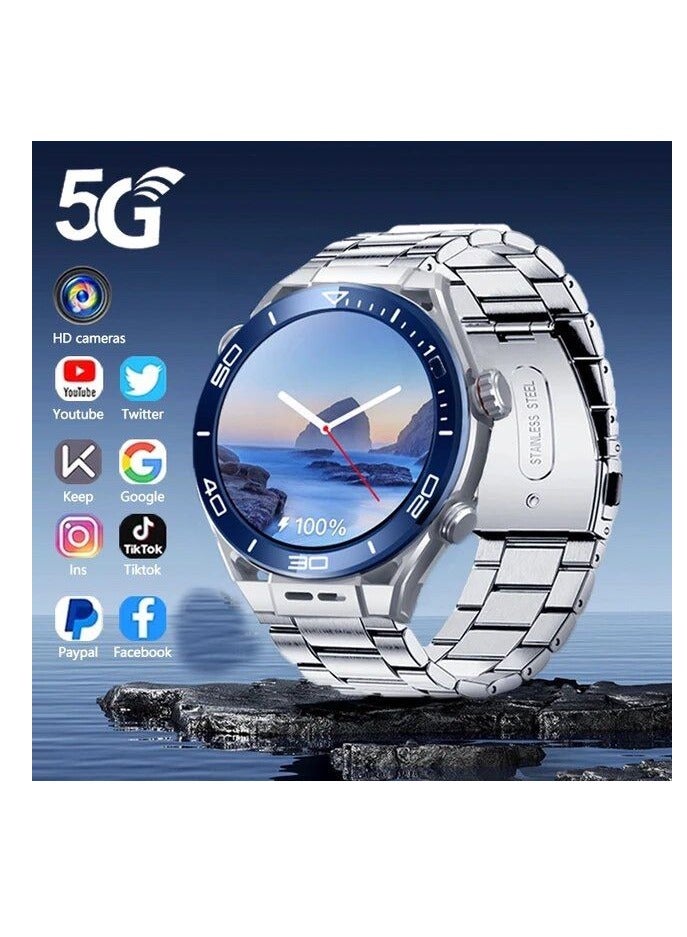 5G Round Shape CY01 Android Smartwatch With Sim Card Slots Camera for Men and Women Wifi 5G Cellular GPS Position 64GB Rom 6GB Ram - Global Version Silver (3 Straps )