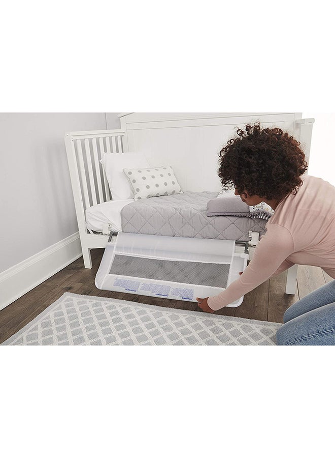 Swing Down Crib Rail | 33” Long & 16” High | Baby Safety Bed Guard with Gap Guard Protection | Foldable, Secure & Easy Install | Durable Steel Frame with Mesh Cover | White