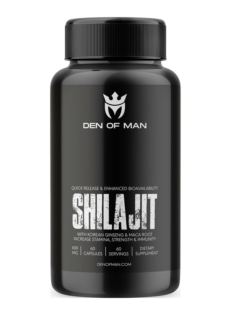 Den of Man Shilajit Capsules 600mg Pure Himalayan Shilajit Extract with Fulvic Acid Korean Ginseng and Maca Root Extract Natural Energy Booster 60 Count