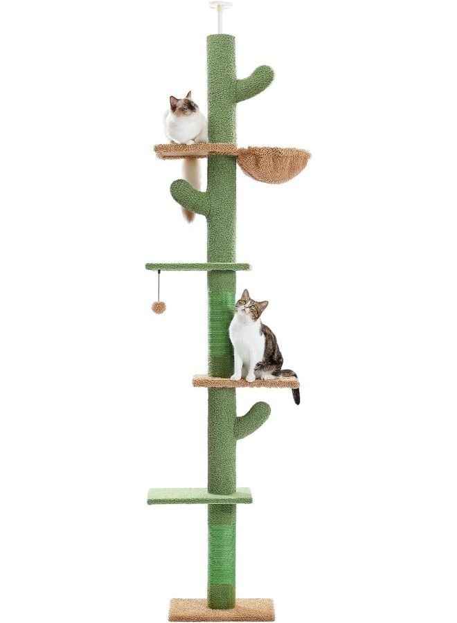 PAWZ Road Cactus Cat Tree Floor to Ceiling Cat Tower with Adjustable Height(241-273 cm), 5 Tiers Cat Climbing Activity Center with Cozy Hammock, Platforms and Dangling Balls for Indoor Cats