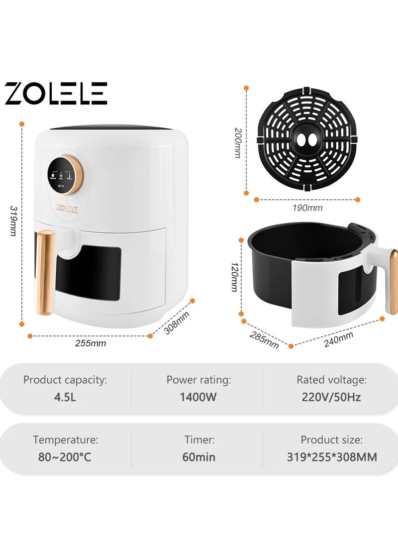 Electric Air Fryer 4.5L Capacity Non-Stick Coating Fried Basket Knob Control Temperature Pull Pan Automatic Power Off 1400W Power - Black