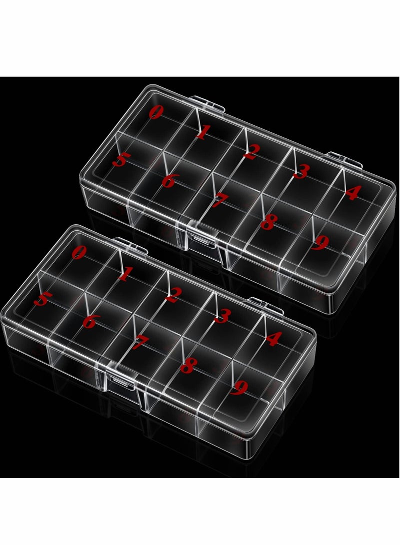 Nail Tip Box, 2 PCS False Nail Tips Transparent Storage Box with 10 Number Spaces Fake Nail Organizer Storage Cases Clear Container Nail Box Grid Boxes for Fingernail Crystal Jewelry Nail Accessories