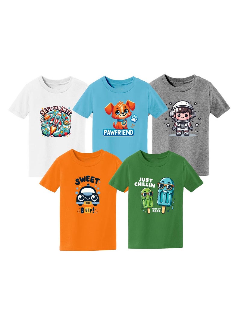 Pack of 5 Stylish Boy's T-Shirt Combo Pack - Short Sleeve Printed Combo T-Shirt for Boy's - Boy's Round Neck T-Shirt Combo Pack - Kid's Combo T-Shirt