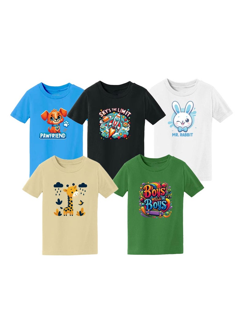 Pack of 5 Stylish Boy's T-Shirt Combo Pack - Short Sleeve Printed Combo T-Shirt for Boy's - Boy's Round Neck T-Shirt Combo Pack - Kid's Combo T-Shirt