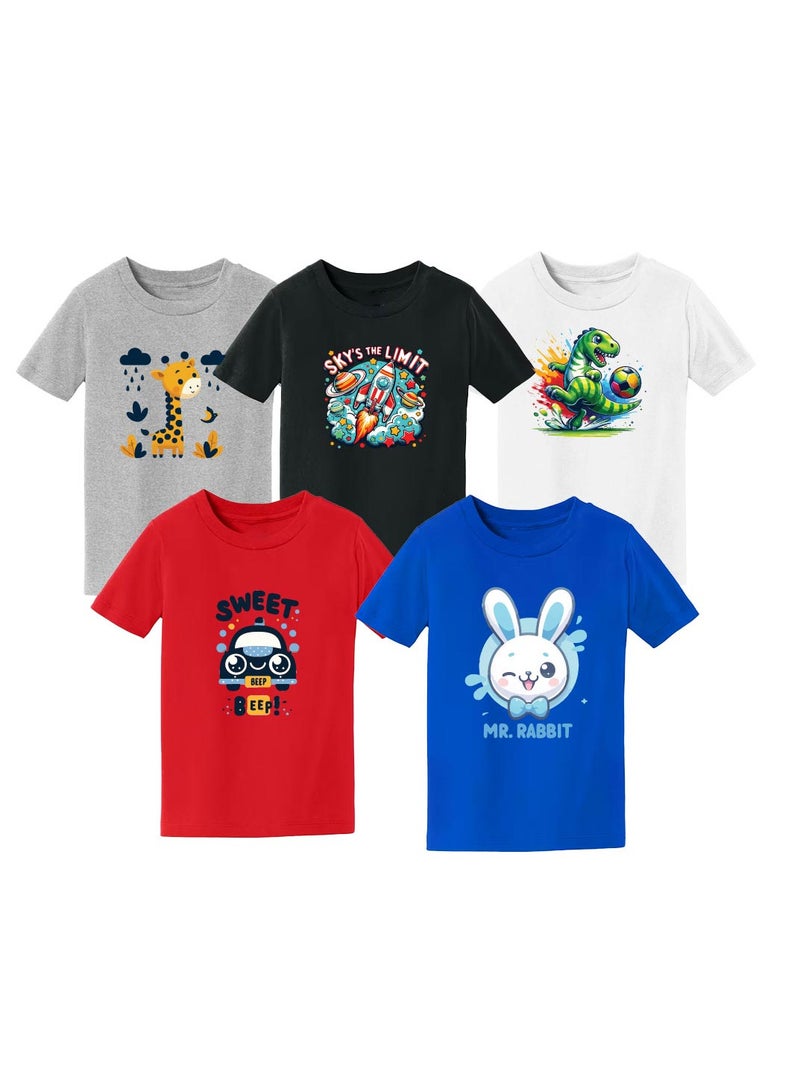 Pack of 5 Stylish Boy's T-Shirt Combo Pack - Short Sleeve Printed Combo T-Shirt for Boy's - Boy's Round Neck T-Shirt Combo Pack - Kid's Combo T-Shirt