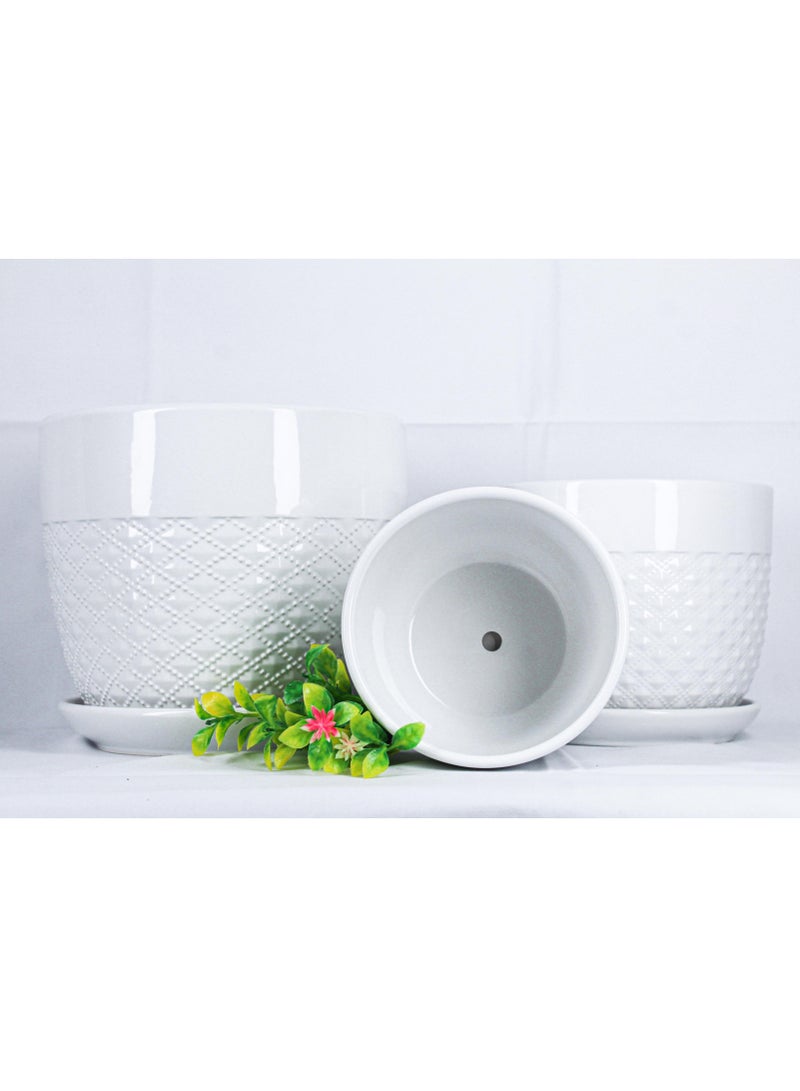 Set of 3 Embossed Textured White Ceramic Planters with Attached Drainage Tray, Diamond Pattern