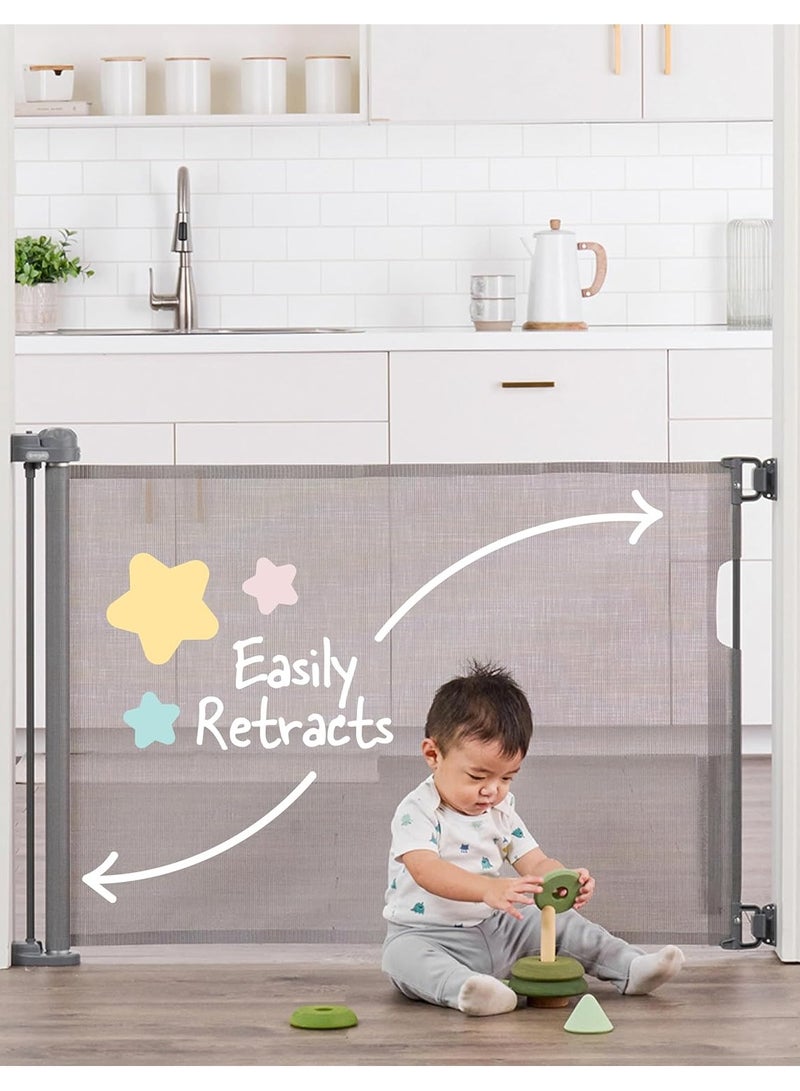 Extra Wide Retractable Baby Gate | Expands Up to 50” | Secure Mesh Barrier | Lock/Unlock Indicator | Easy Install with Hardware Mount | Pet-Friendly | 30” Tall | Gray