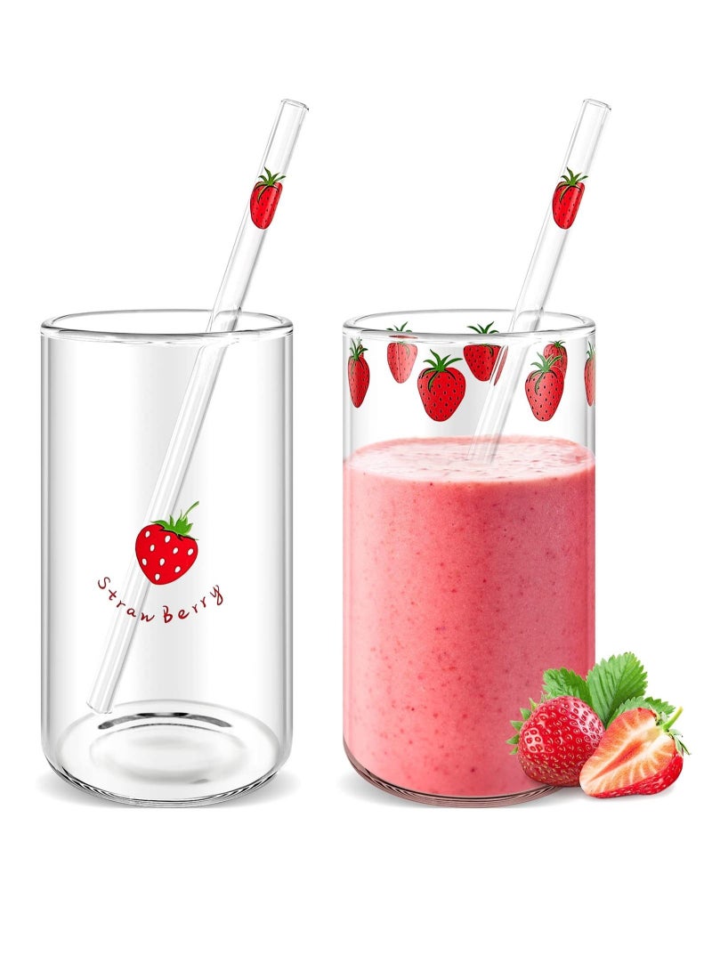2 Sets Of Strawberry Cup Glasses With Straw Lovely Glass Roller Juice Water Milk Coffee