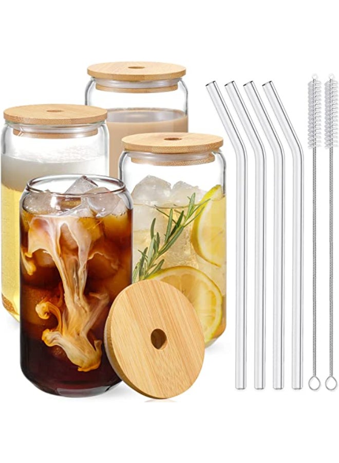 Glasses with Bamboo Lids and Glass Straw 4pcs Set 16oz Can Shaped Glass Cups Beer Glasses Iced Coffee Glasses Cute Tumbler Cup Ideal for Cocktail Whiskey Gift 2 Cleaning Brushes