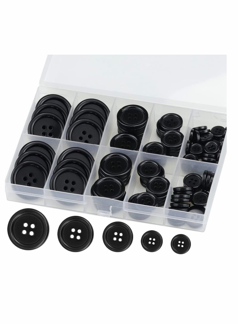 Premium 100 Pcs Resin Sewing Buttons Eco-Friendly 4-Hole Craft Buttons, 5 Sizes of Black Round Mixed Buttons Suitable for Sewing DIY and Holiday Decoration