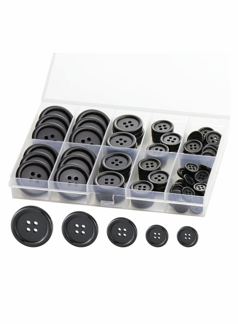 Premium 100 Pcs Resin Sewing Buttons Eco-Friendly 4-Hole Craft Buttons, 5 Sizes of Black Round Mixed Buttons Suitable for Sewing DIY and Holiday Decoration
