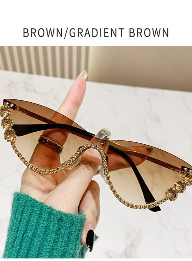 2024 New Brand UV Protection Diamond Sunglasses Luxury High Grade Bling Sunglasses Women's Sunglasses（Brown diamond gradient Brown lens）