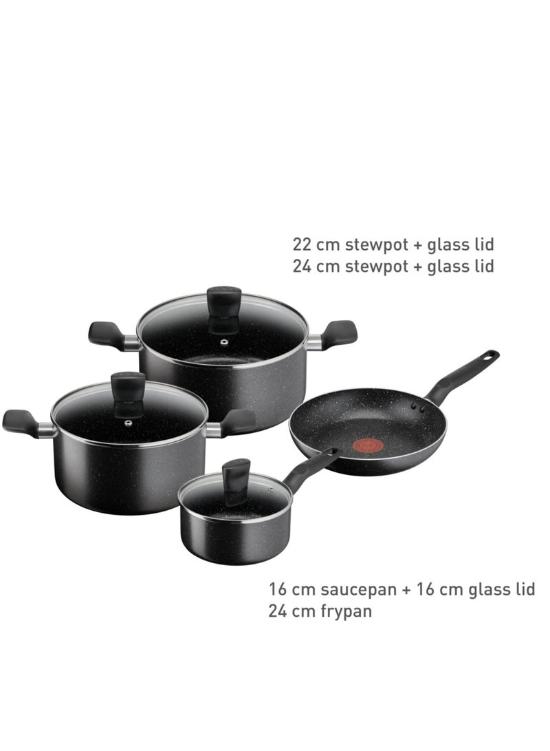 TEFAL Cookware Set | Dark Stone 7 pc Cooking Set | Non-stick | stewpots 22/24 cm+lids | saucepan 16 cm | frypan 24 cm | B491S785