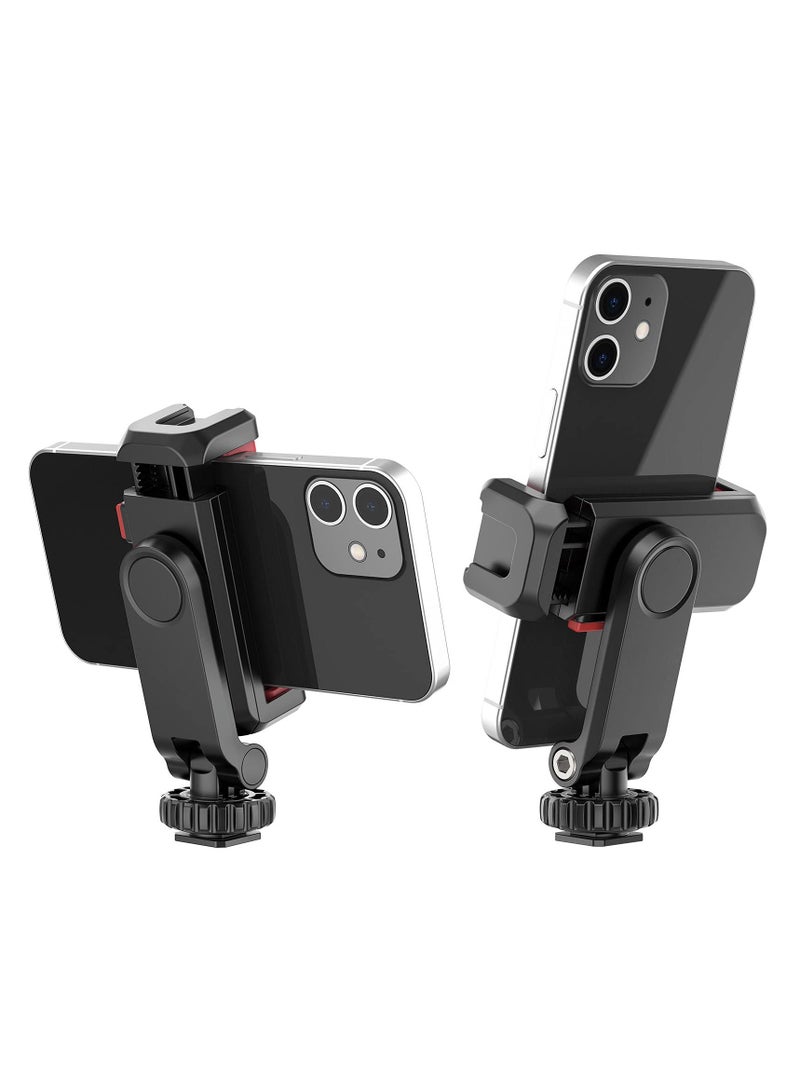 Phone Tripod Mount, Adjustable Clamp with 2 Cold Shoe Mounts, 360° Rotation, Compatible with Samsung Galaxy, iPhone, Sony, Canon, and Gimbals
