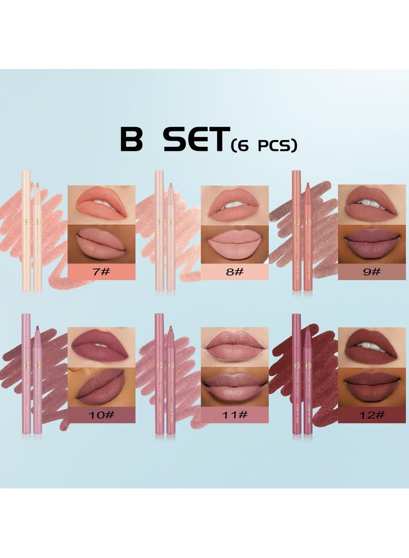 6Pcs Liquid Waterproof Lip Liner Set, Lip Stain Tint Marker Pen, Gourd-Shaped Precise Chisel Tip for Smooth Application, Easy Glide, Nude Brown Matte Shades, Non Feathering, Rich Color