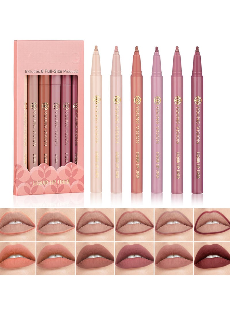 6Pcs Liquid Waterproof Lip Liner Set, Lip Stain Tint Marker Pen, Gourd-Shaped Precise Chisel Tip for Smooth Application, Easy Glide, Nude Brown Matte Shades, Non Feathering, Rich Color