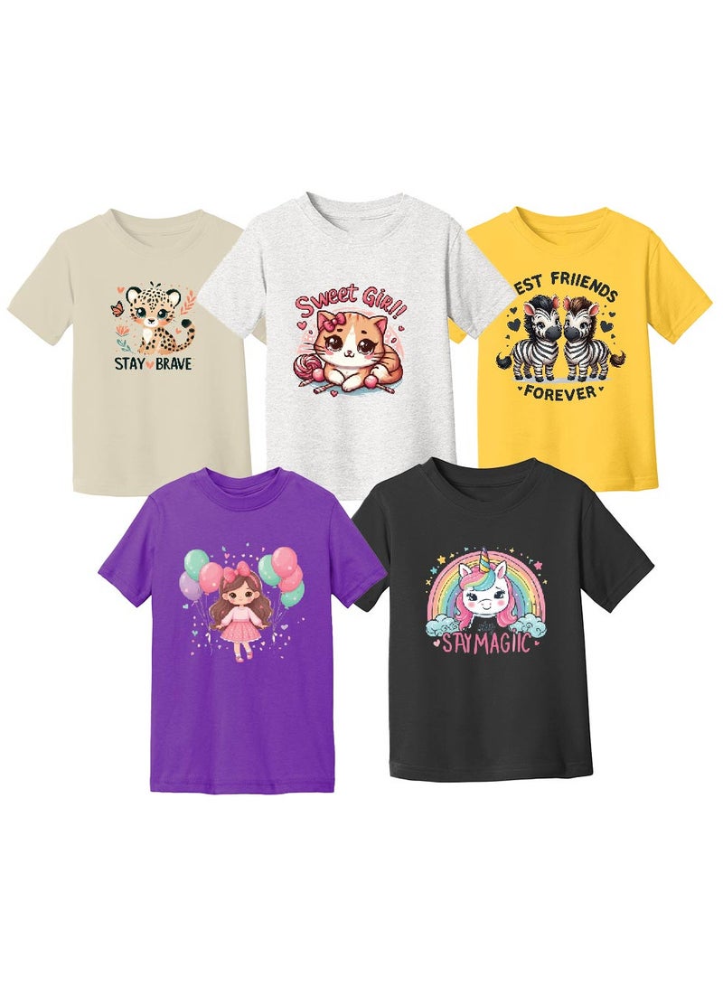 Pack of 5 Stylish Girl's T-Shirt Combo Pack - Short Sleeve Printed Combo T-Shirt for Girl - Girls Round Neck T-Shirt Combo Pack - Kids Combo Tshirt