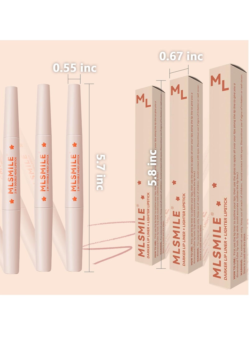 3 Colors Nude Lip Liner and Lipstick Kit, Double Ended, 2 in 1 Chestnut Brown Dark Lipliner and Light Lipstick, Matte Cream Lip Pencil, Waterproof 24 Hour Makeup for Full Lips Look, #04 #05 #06