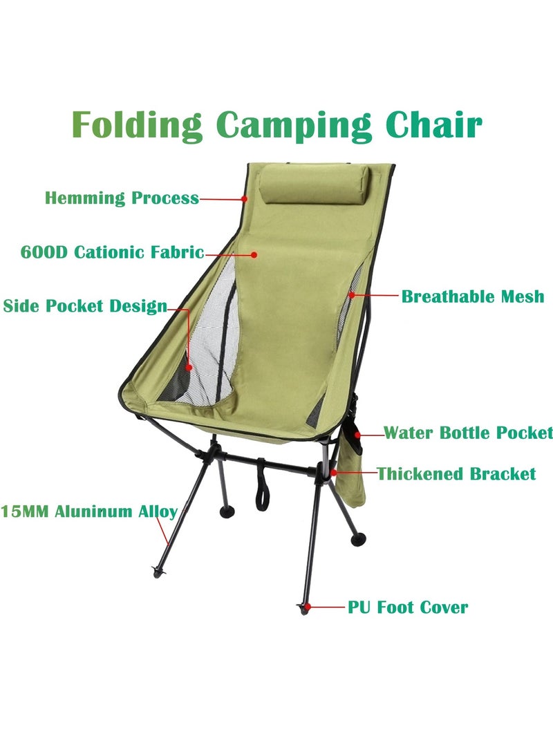 Ultralight High Back Outdoor Folding Camping Chair, Heavy Duty Mesh Lightweight Beach Lounge Chair with Pillow and Cup Bag, Large Chair for Travel, Hiking, Fishing, Beach