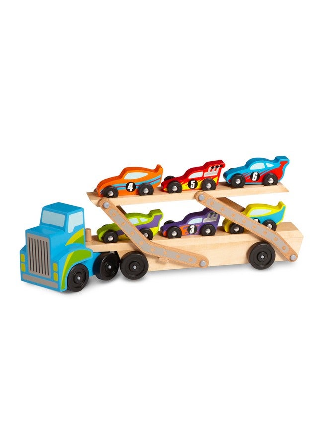 Mega Racecar Carrier Wooden Tractor And Trailer With 6 Unique Race Cars