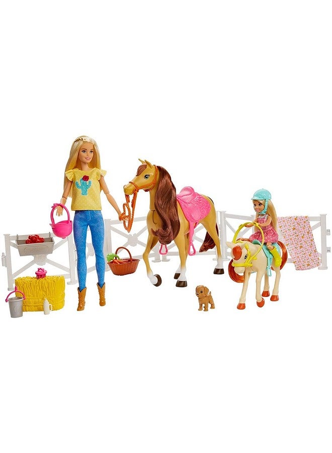 Barbie Playset With Barbie And Chelsea Blonde Dolls 2 Horses With Bobbling Heads And 15+ Toy Accessories That Include Corral Fencing Feeding Grooming Nurturing And Horseback Riding Pieces