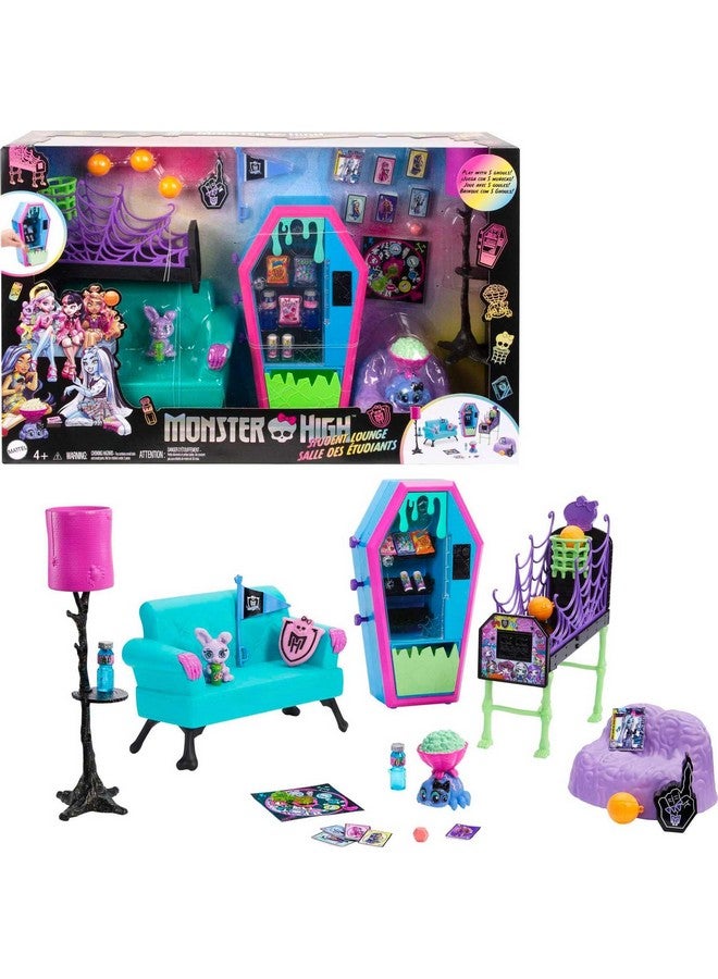 Student Lounge Playset Doll House Furniture And Themed Accessories With Two Pets And Working Vending Machine
