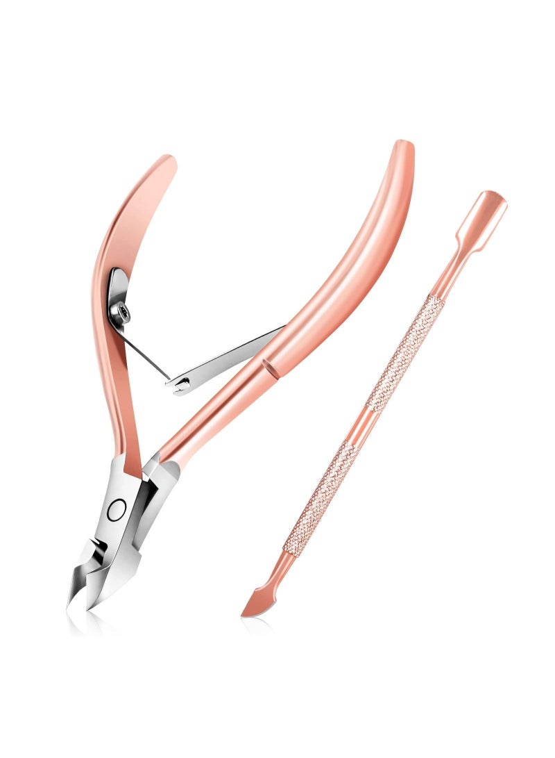 Cuticle Trimmer with Cuticle Pusher,  Cuticle Remover Professional Stainless Steel Cuticle Cutter Nippers Rainbow Sharp Durable Pedicure Manicure Tools for Fingernails and Toenails (Rose Gold)