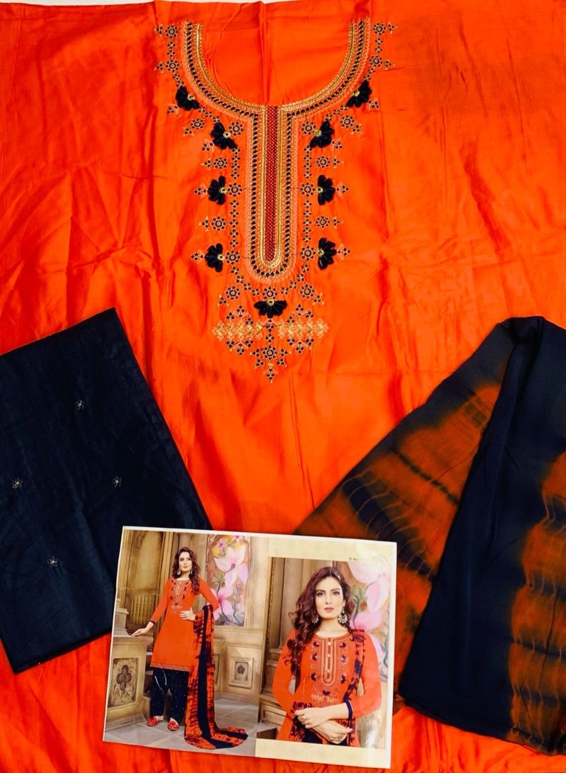 Women Regular Wear Cotton Orange Semi Stitched Salwar Dress with dupatta