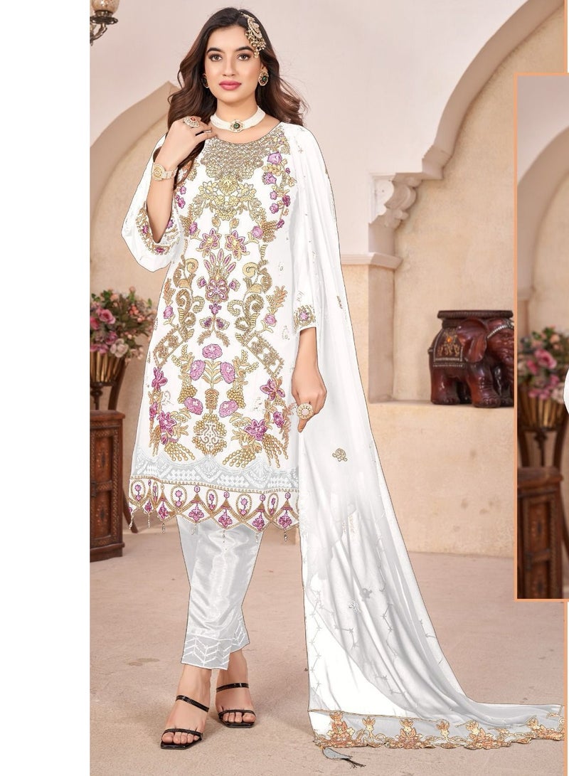 Pakistani Designer Work Semi Stitched White Georgette Dress