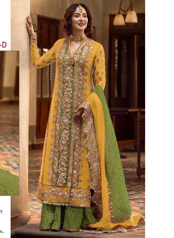 Women's Wedding Haldi Function Wear Pakistani Style Semi Stitched Yellow Dress