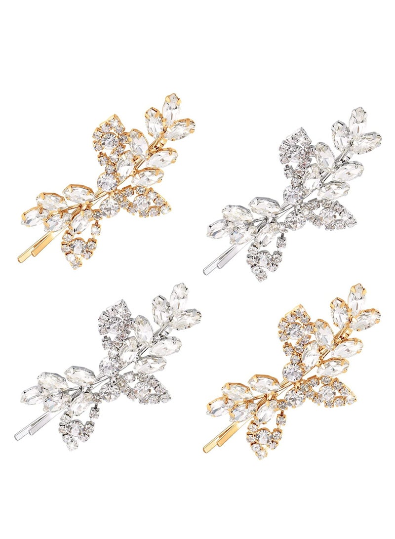 Rhinestone Bridal Hair Clip, 4 Pcs Leaf Wedding Hairpin Bride Pearl Crystal Clips Barrette Elegant Hairpins Accessories for Women Girls(Silver Gold, Style)