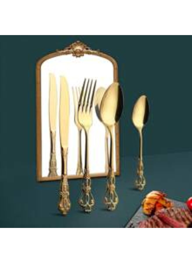1 Set Of Vintage Luxury Palace style Gold Stainless Steel Hollow Out Vintage 4 piece European style Steak Knife Fork And Spoon Cutlery Set Suitable For Party Dining