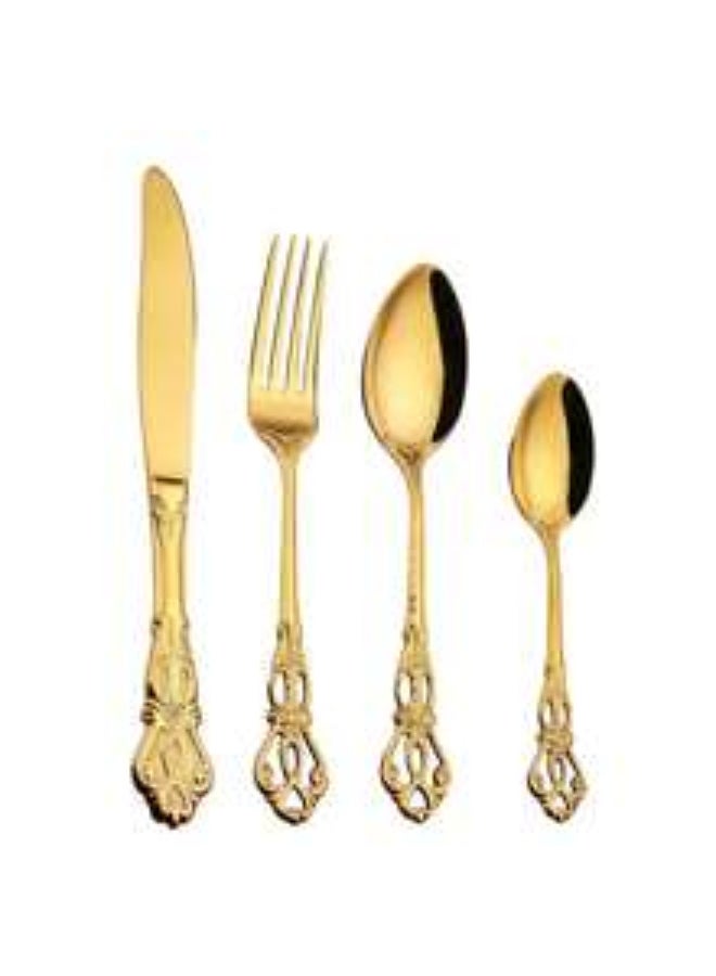 1 Set Of Vintage Luxury Palace style Gold Stainless Steel Hollow Out Vintage 4 piece European style Steak Knife Fork And Spoon Cutlery Set Suitable For Party Dining